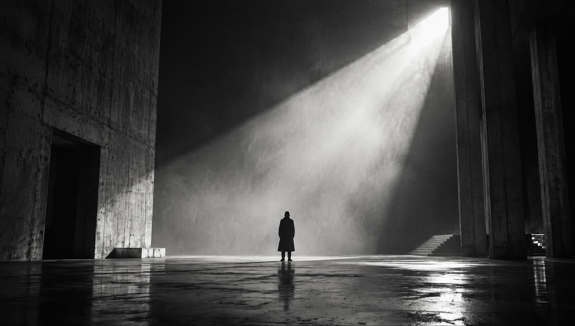 Nave de concreto atravesada por un haz de luz